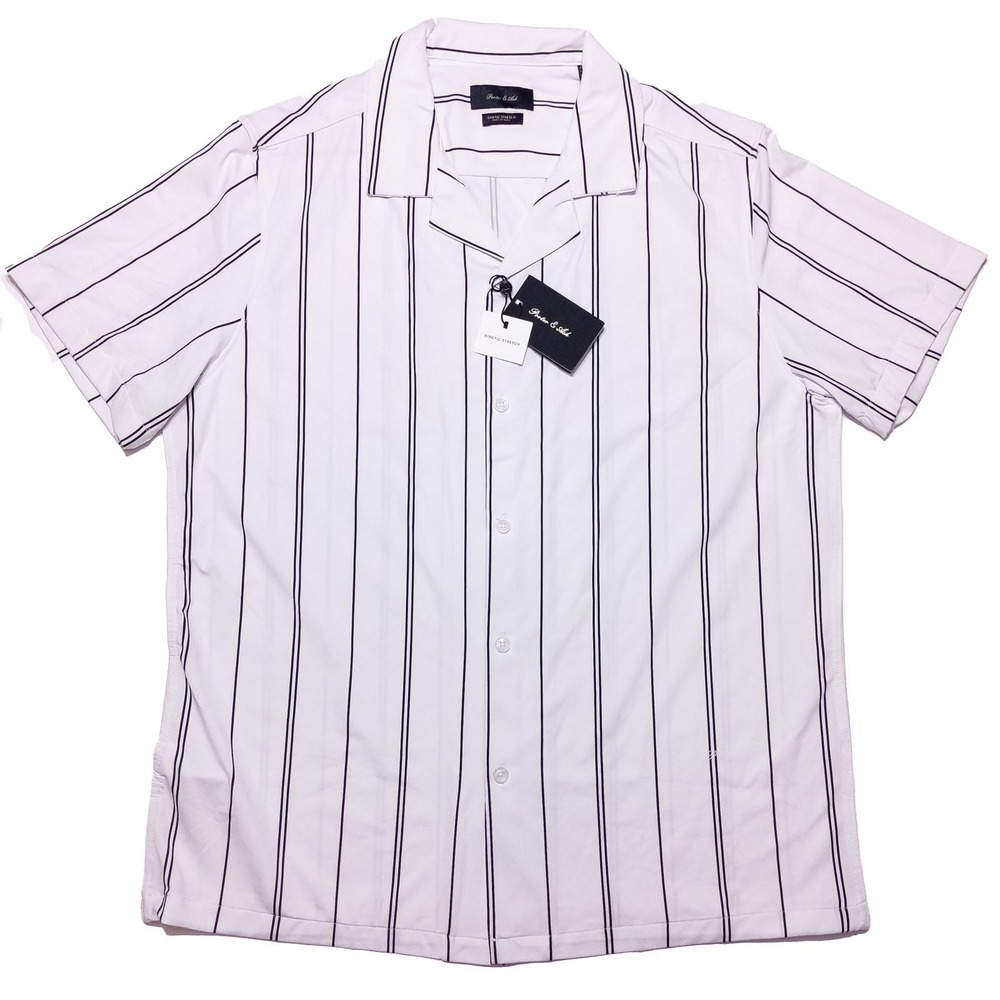 PORTER & ASH Kinetic Stretch Short Sleeve Button Shirt White Blue Stripe Large L